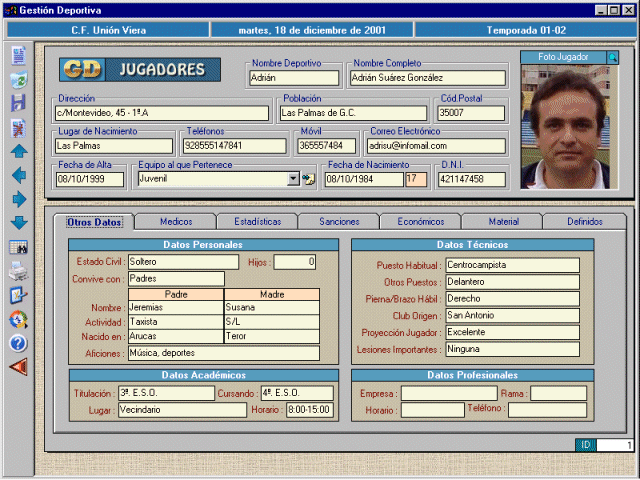 Segunda versión de escritorio para entornos Windows. Ficha del jugador. Año 1999